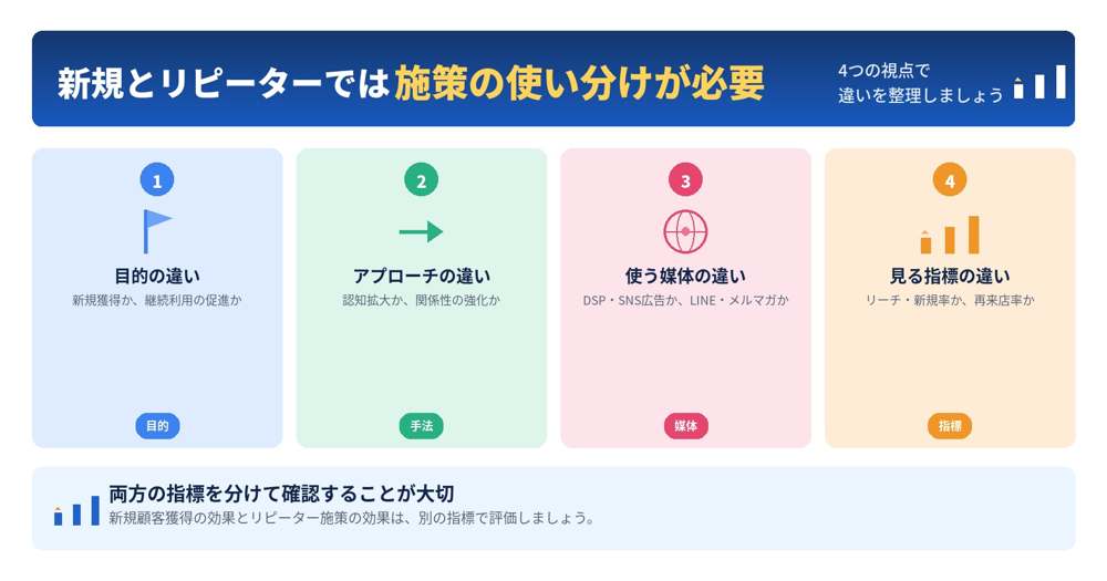 目的・アプローチ・媒体・指標の4つの視点で新規とリピーター施策の違いを整理した図解